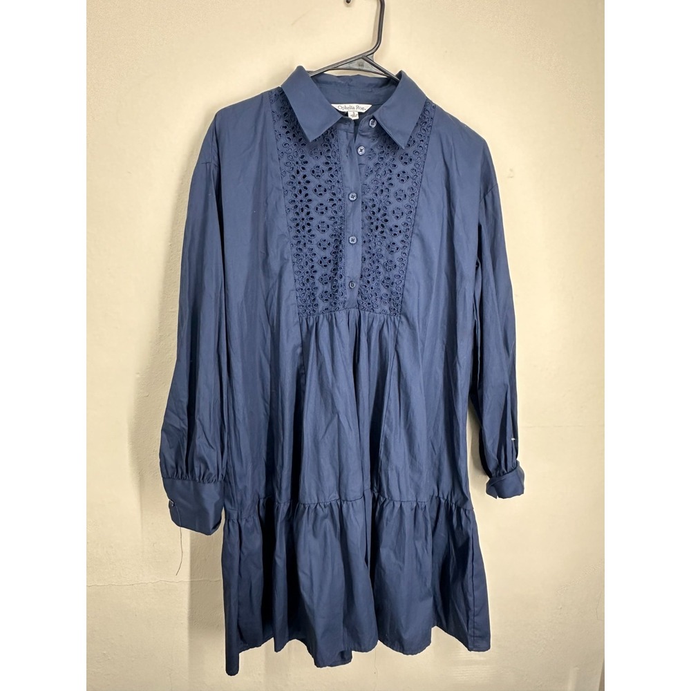 Ophelia Roe Midi Shirt Dress Womens SMALL Blue Eyelet Detail Tiered Button Front